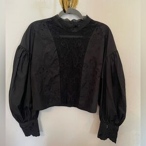 Zara Voluminous Black Puff Sleeve High Neck Victoriana Blouse Large L